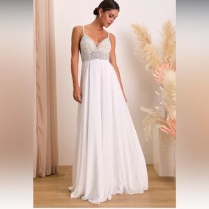 NWOT Elegant White Beaded Spaghetti Strap Wedding Dress